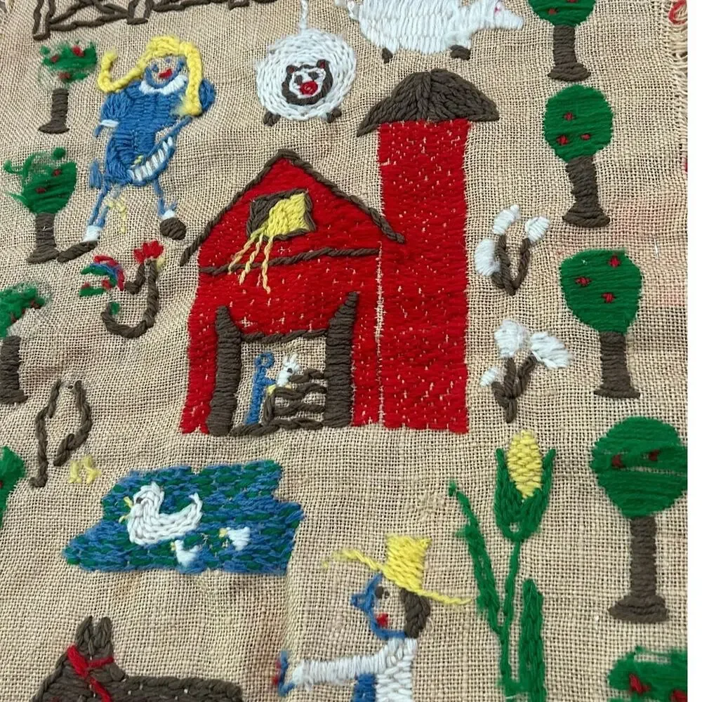 Vintage 1950s Handmade Primitive Farm Folk Art Embroidered Burlap Wall Hanging -
